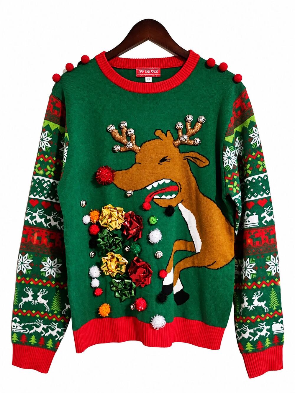 Off The Rack Ugly Christmas Sweater L Rudolph Reindeer 3D Bells Pom Poms Green